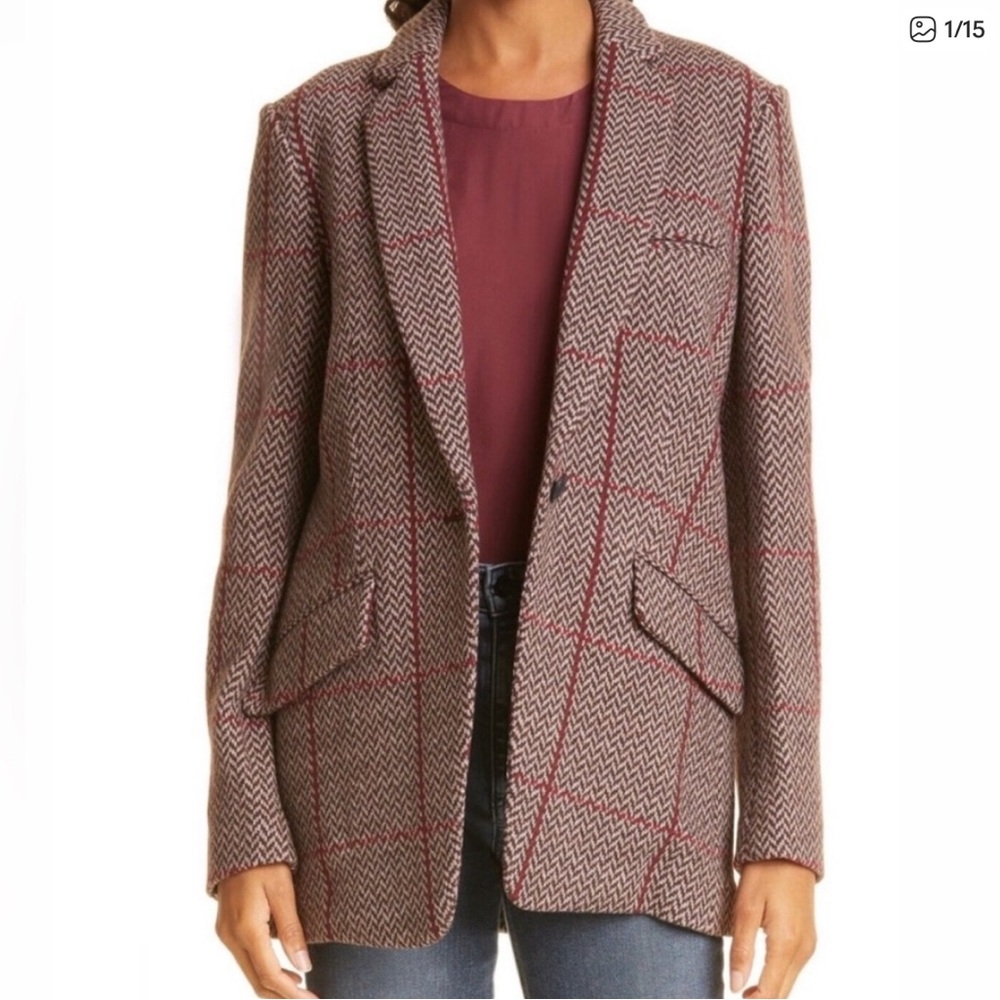 NWOT Rag & Bone Margot Tailored Red Plaid Wool Blend Oversized Blazer Jacket 16
